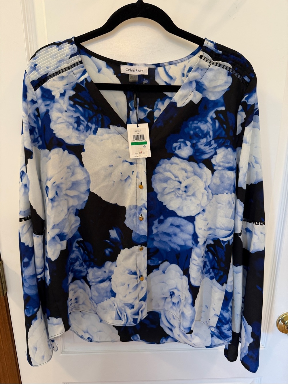 Calvin Klein NWT! Blue/White Floral “Santorini” Blouse W/Gold Buttons